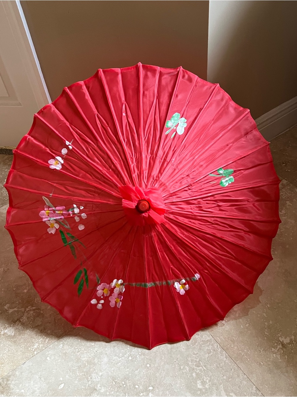 Red Hand-Painted Asian Parasol with Floral Motif
